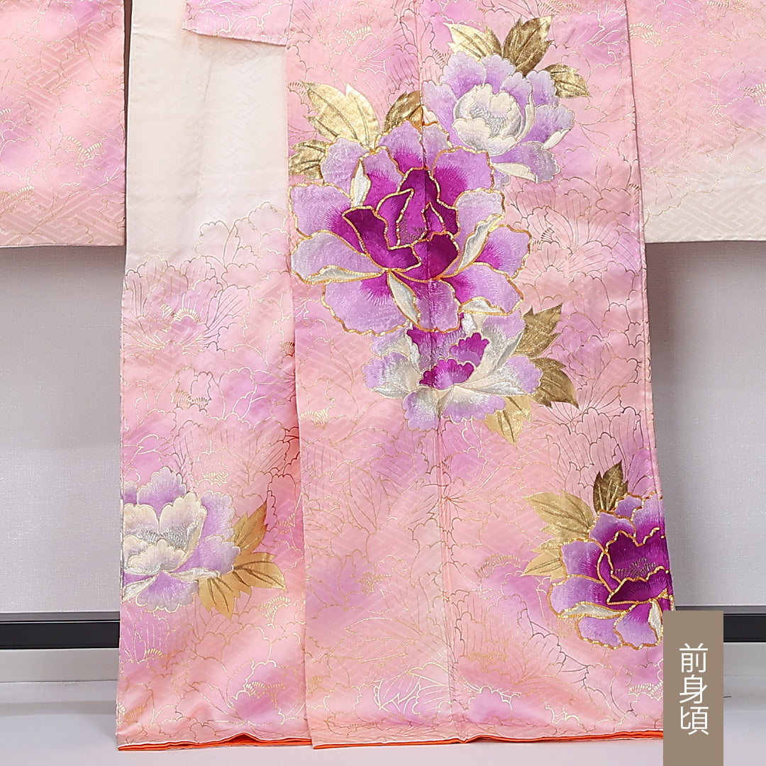 振袖 身丈167cm 裄丈67cm Sランク 正絹 袷 広衿 XL 刺繍 金駒刺繍 牡丹 フォーマル 古典的 重厚感 ピンク系 1213-F0459