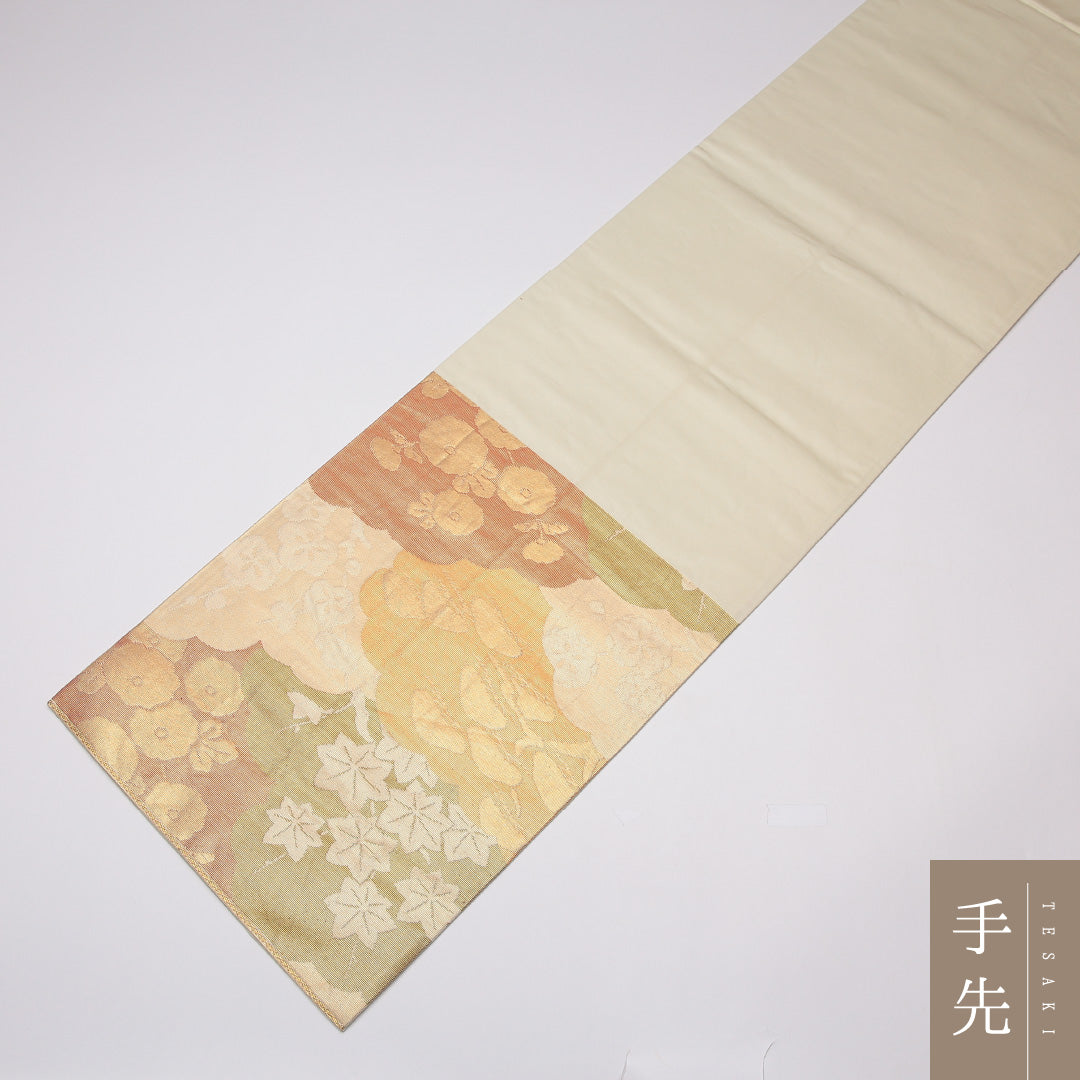 袋帯 帯丈418cm 正絹 六通 フォーマル 琳派 雲取り 四季草花 金系 1243-01313