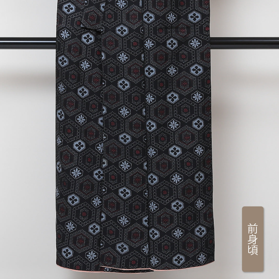 アンティーク 小紋 袷 身丈142cm 裄丈59cm 正絹 Aランク バチ衿 XSサイズ 亀甲 紺系 RP 1221-01441