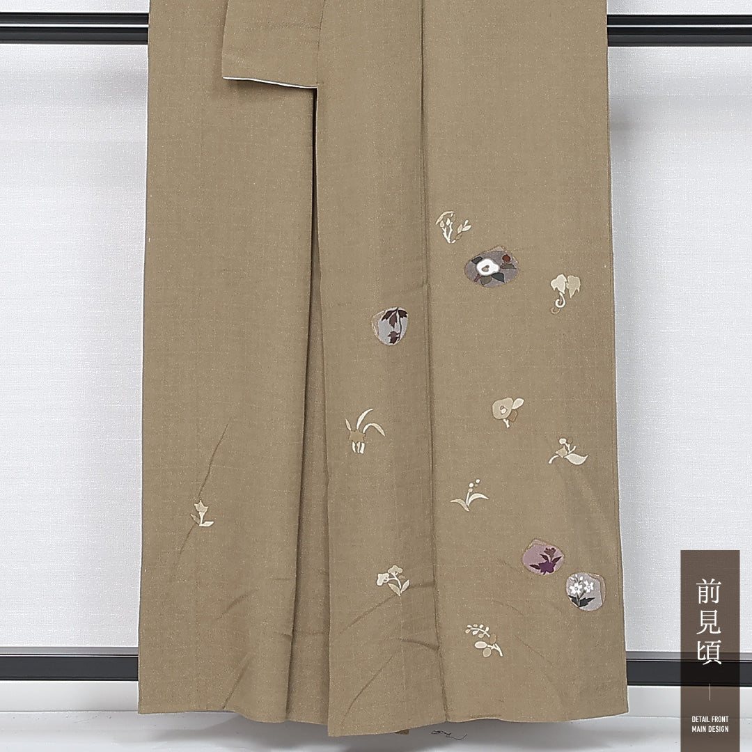 付下げ 身丈158cm 裄丈65.5cm Sランク M 正絹 単衣 広衿 貝 椿 居敷当て インフォーマル 黄系 1261-12172