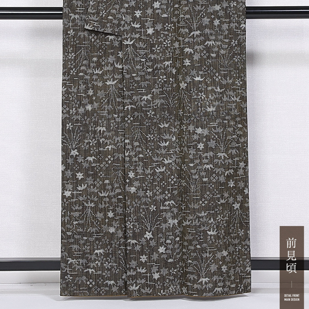 紬 袷 身丈160cm 裄丈62cm 正絹 Aランク カジュアル 広衿 Lサイズ 笹 茶系 RP 1223-11304