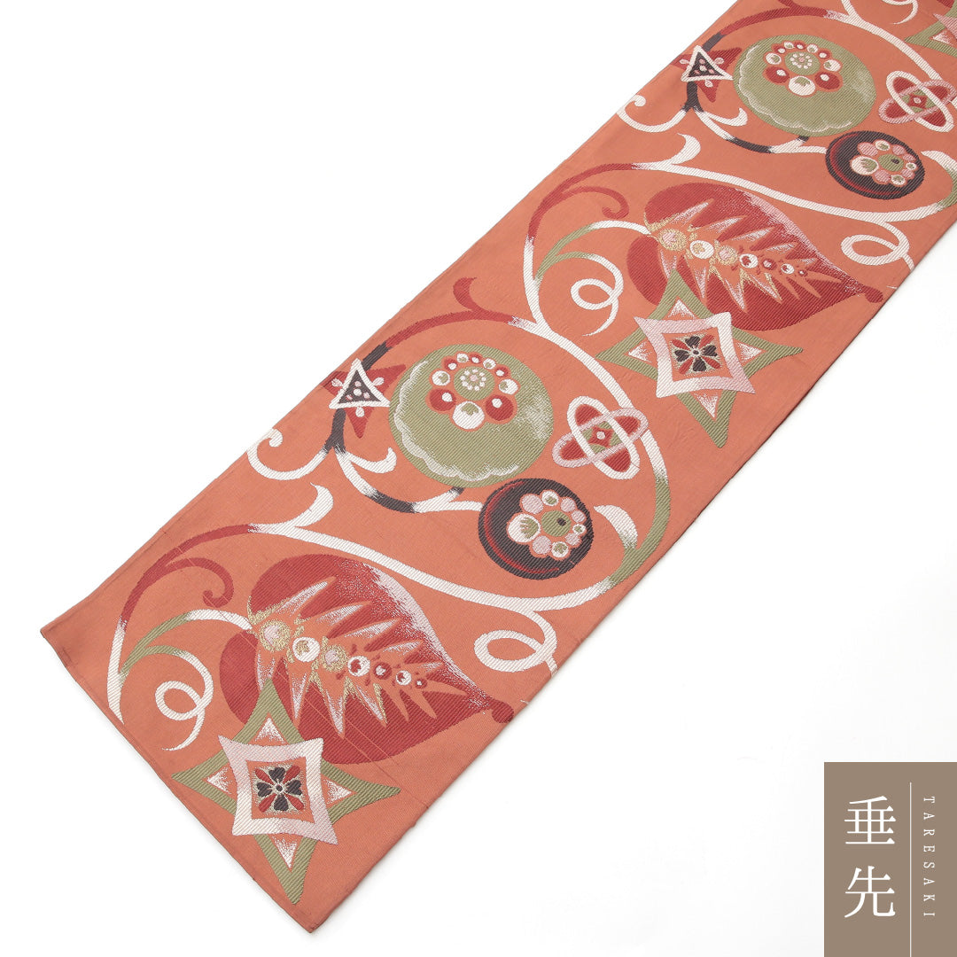 アンティーク 名古屋帯 ポイント柄 帯丈361cm Bランク 正絹 植物柄 茶系 1224-02131