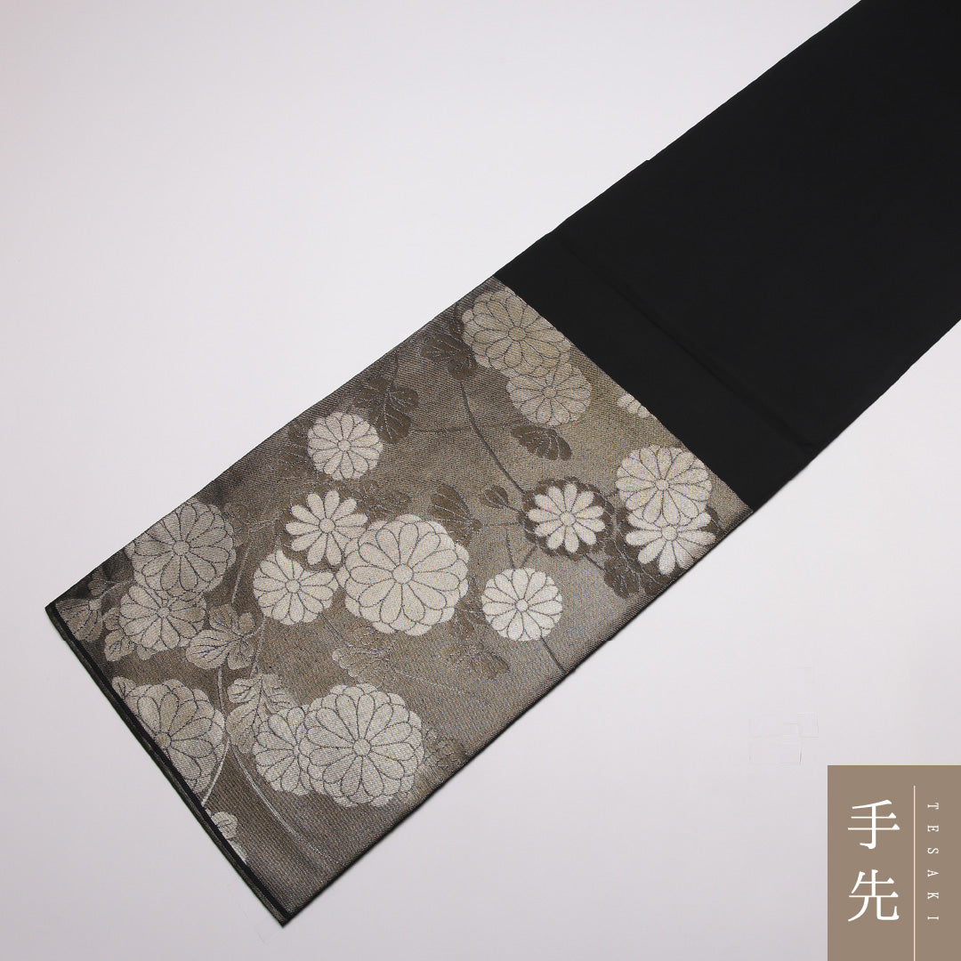 袋帯 帯丈428cm 六通 フォーマル Sランク 正絹 花柄 シック気品 黒系 1223-01436