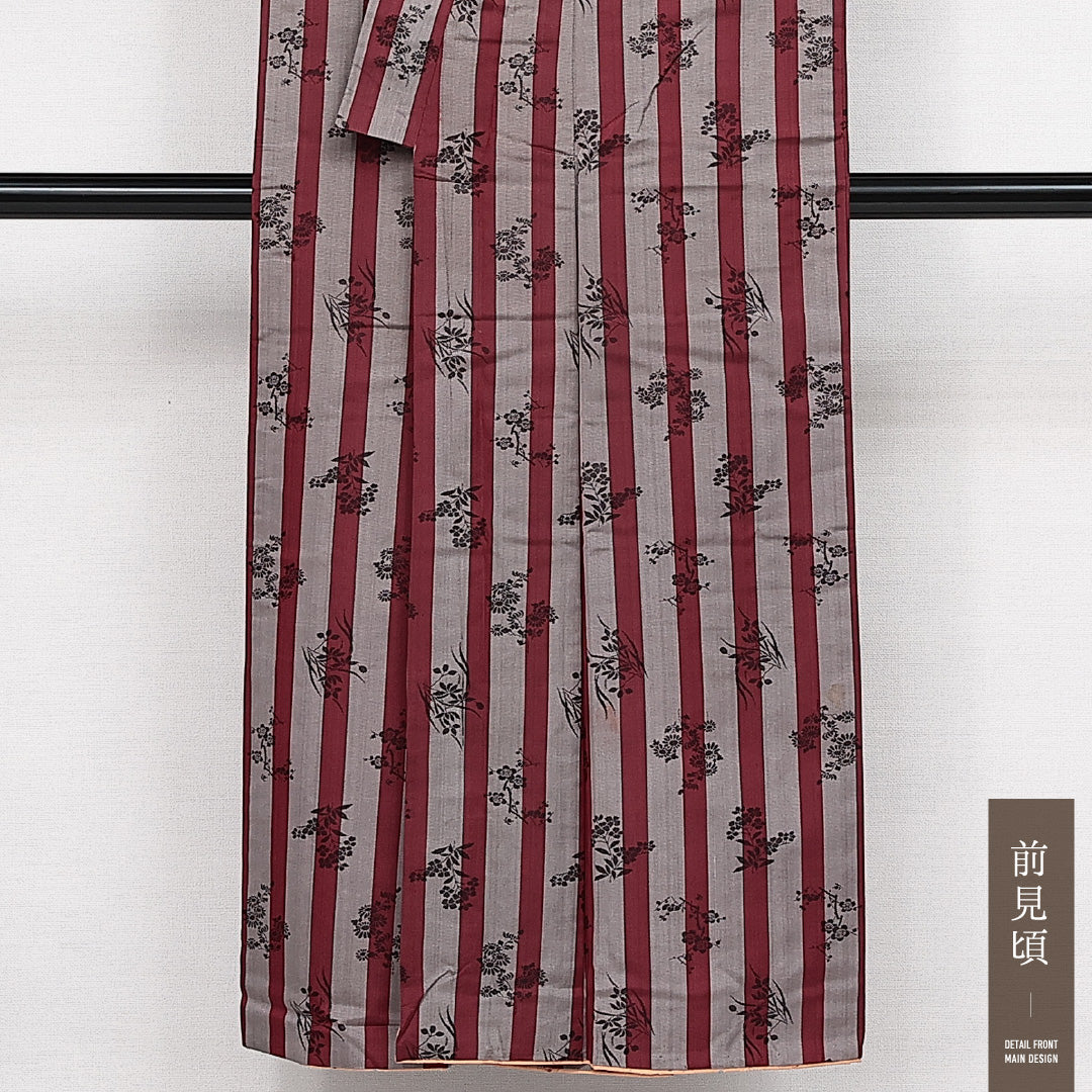 アンティーク お召 袷 身丈147cm 裄丈63cm 正絹 Bランク バチ衿 XSサイズ 花柄 植物柄 赤系 RP 1222-14138