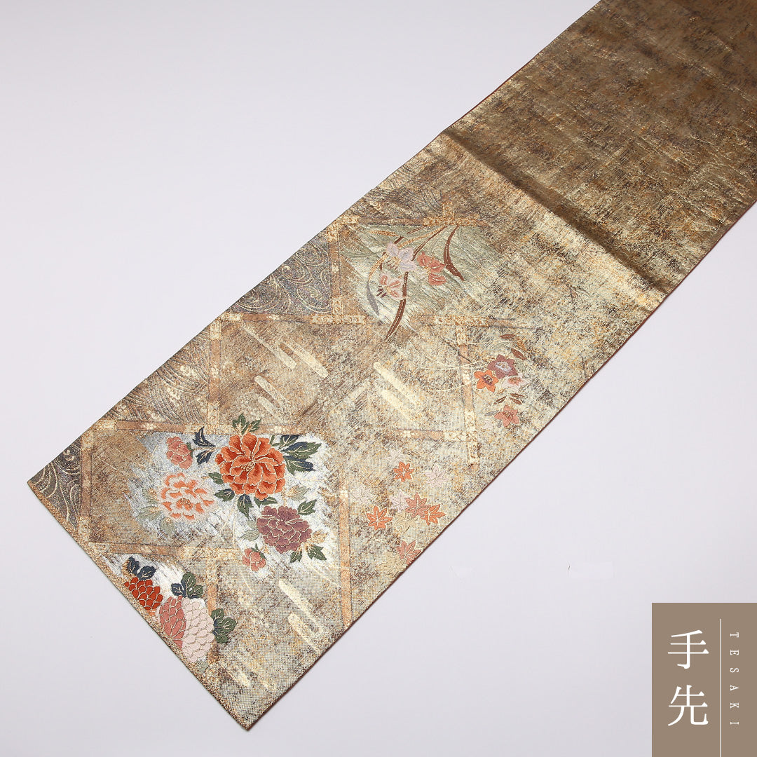 袋帯 帯丈444cm 六通 未仕立て 菊 牡丹 帯芯なし フォーマル 金系 正絹 Aランク 1223-01005
