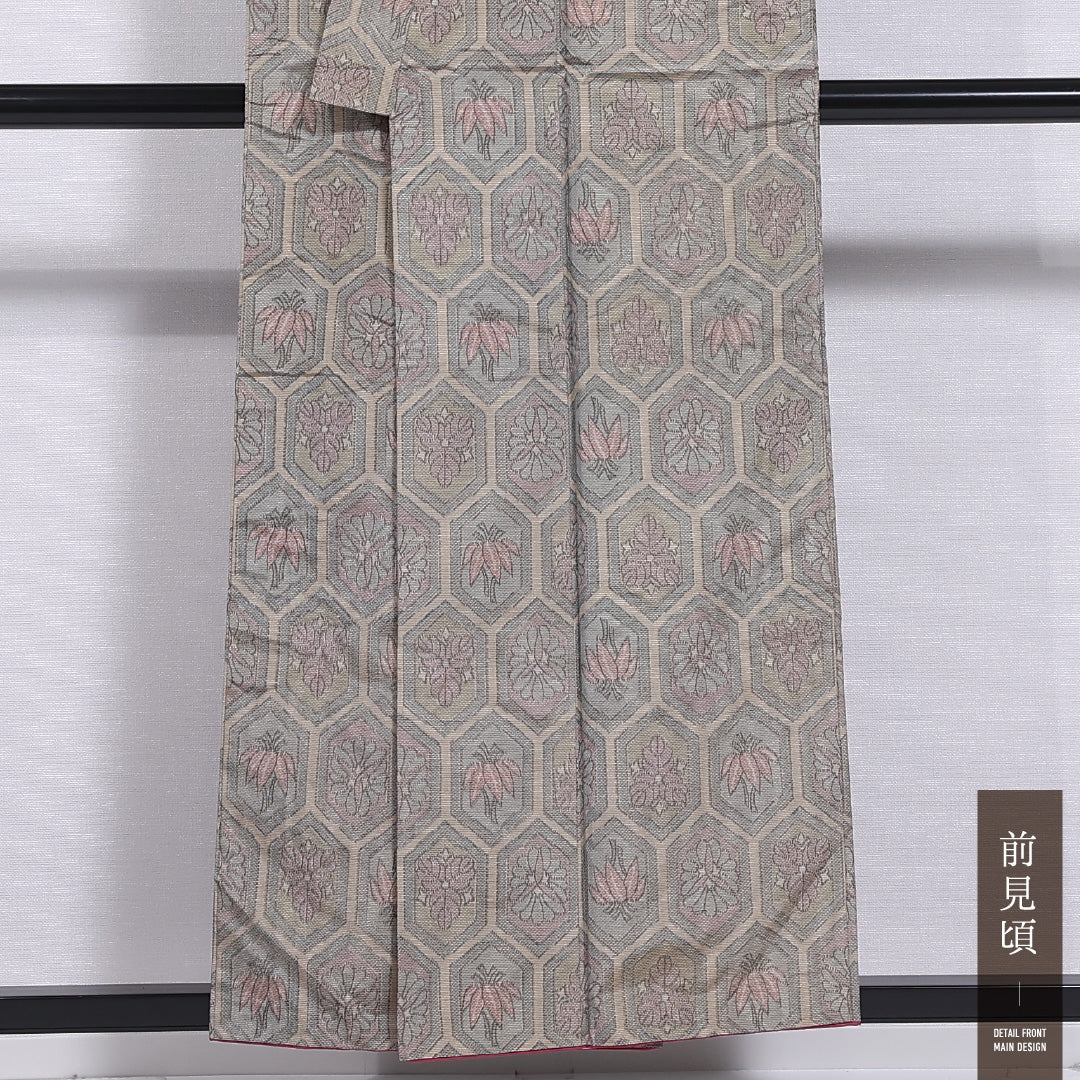 紬 袷 身丈154cm 裄丈62cm 正絹 Aランク カジュアル バチ衿 Sサイズ 亀甲 グレー系 HP 1223-11856