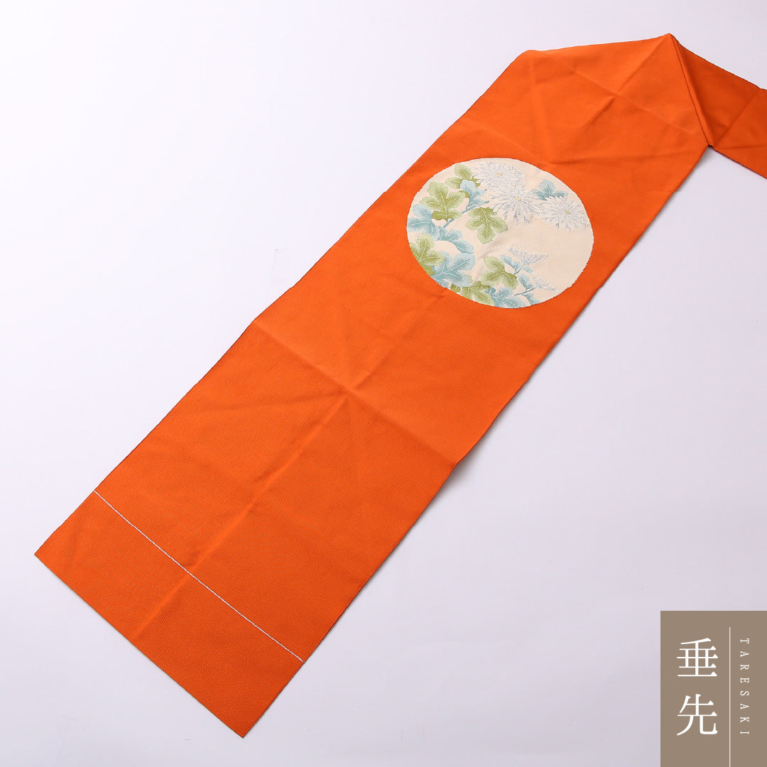 未使用品 八寸名古屋帯 Nランク 帯丈358cm 正絹 ポイント柄 名古屋仕立て 織り セミフォーマル ふくれ織 菊 丸文 朱系 GP 1245-02596