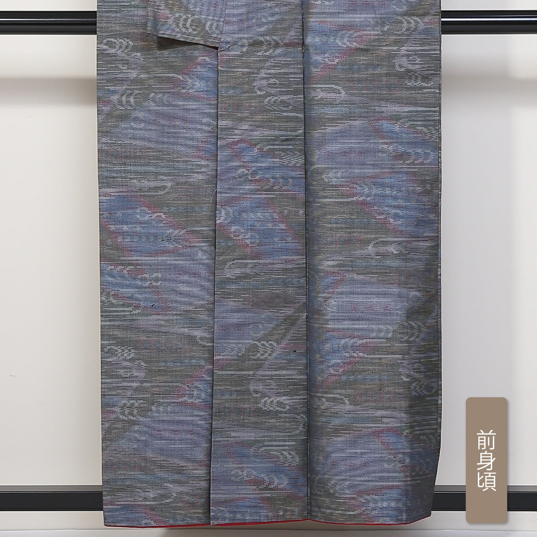 大島紬 袷 身丈155cm 裄63.5cm 正絹 グレー系 Aランク 色大島 流水 モダン 1216-00657-3322