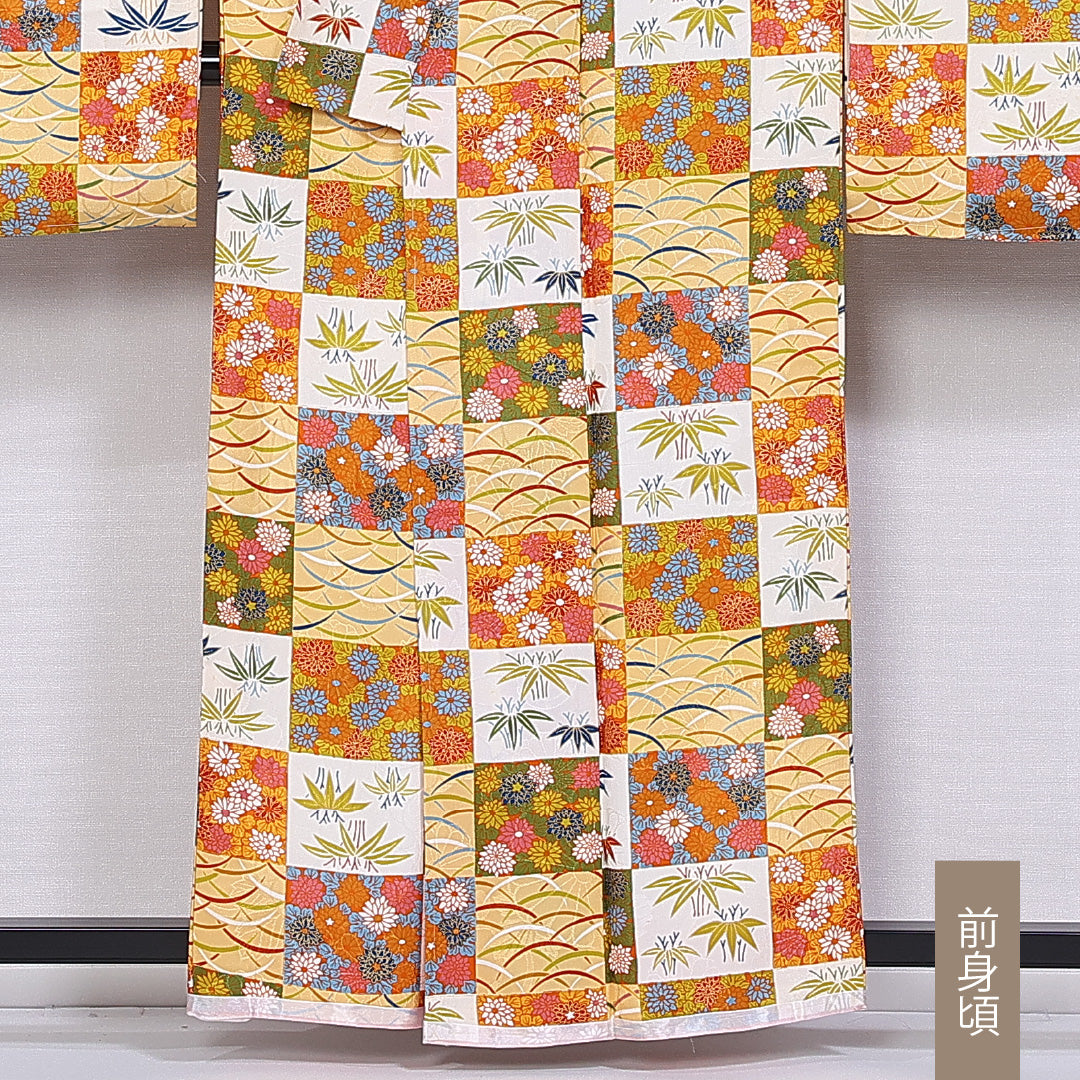 振袖 身丈158cm 裄丈63.5cm 袷 正絹 Bランク 広衿 市松模様 芝草 竹 菊 1213-F0396