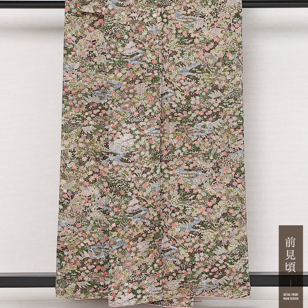 小紋 袷 身丈152cm 裄丈62cm 正絹 Aランク インフォーマル 広衿 Sサイズ 茶屋辻 緑系 RP 1221-13662