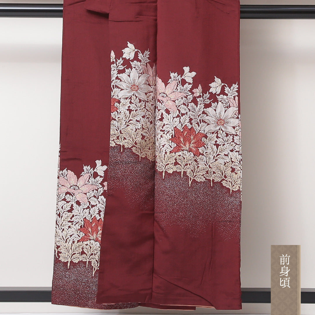 アンティーク 付下げ 袷 身丈155cm 裄丈62cm 正絹 Aランク バチ衿 Mサイズ 芙蓉 赤系 RP 1218-04578