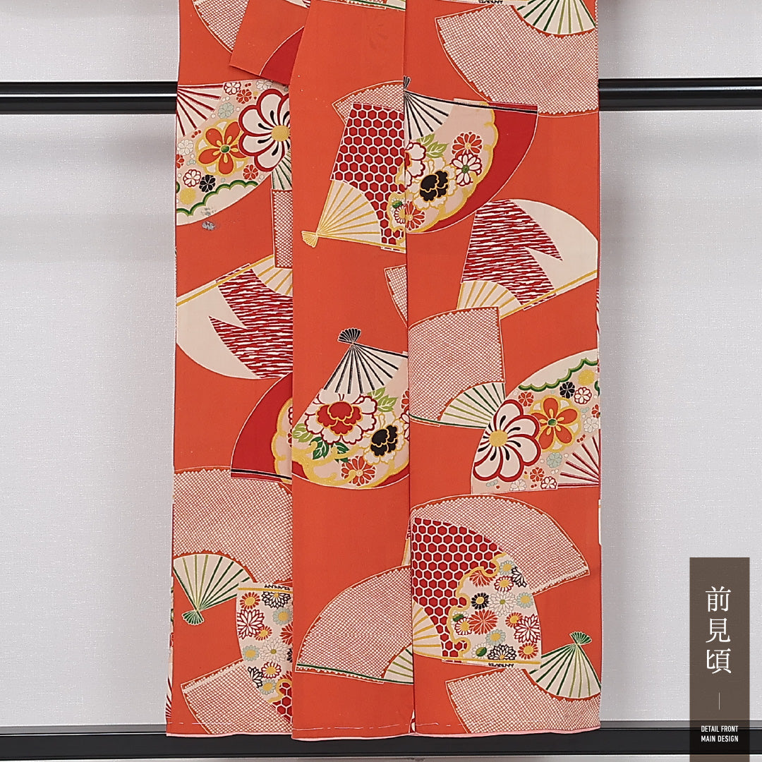 アンティーク 小紋 (錦紗) 袷 身丈151cm 裄丈64cm 正絹 Aランク バチ衿 Sサイズ 扇 亀甲 花柄 朱系 M4 1221-12022