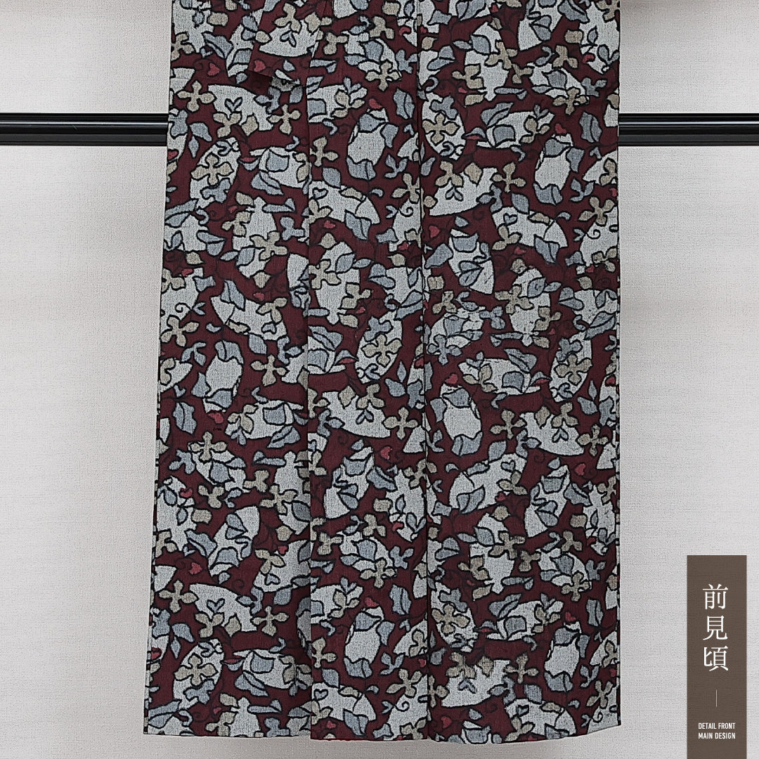 アンティーク 洗える着物 木綿の紬 袷 身丈146cm 裄丈64cm 木綿 Bランク バチ衿 XSサイズ 植物柄 赤系 HP 1223-14411
