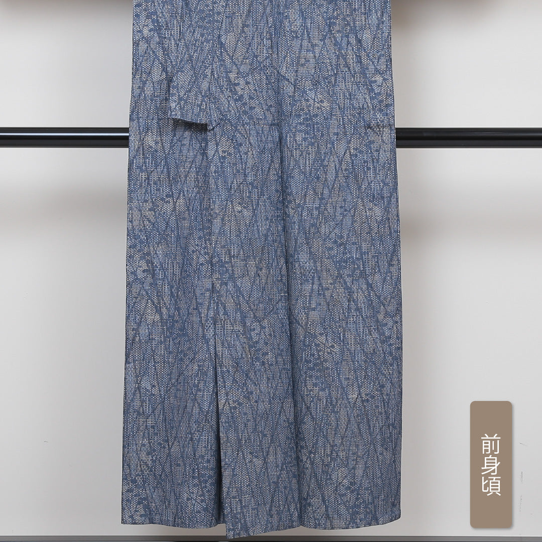 紬 単衣 身丈150cm 裄60.5cm 正絹 青系 Bランク 1216004374217