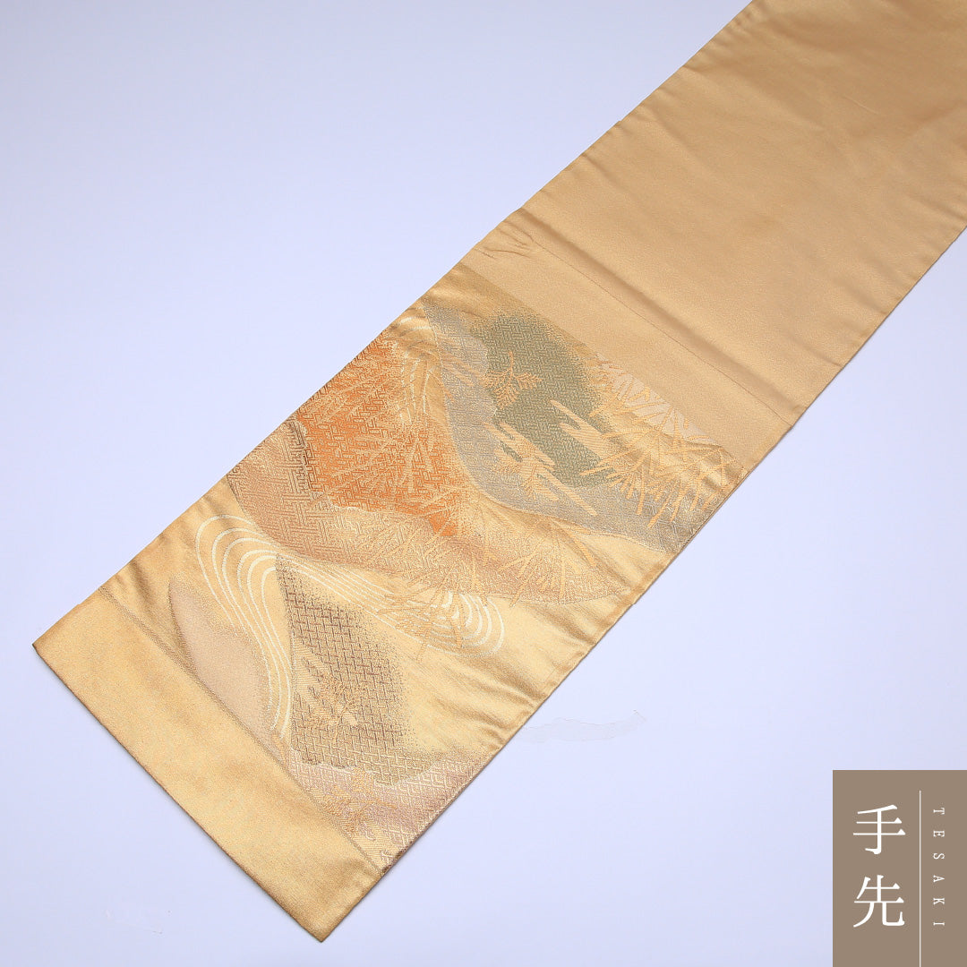 袋帯 帯丈448cm 六通 綴れ織 未仕立て 証紙番号 1918 池口平八 風景柄 有職文様 作家物 フォーマル 証紙 金系 正絹 Sランク 1223-00138