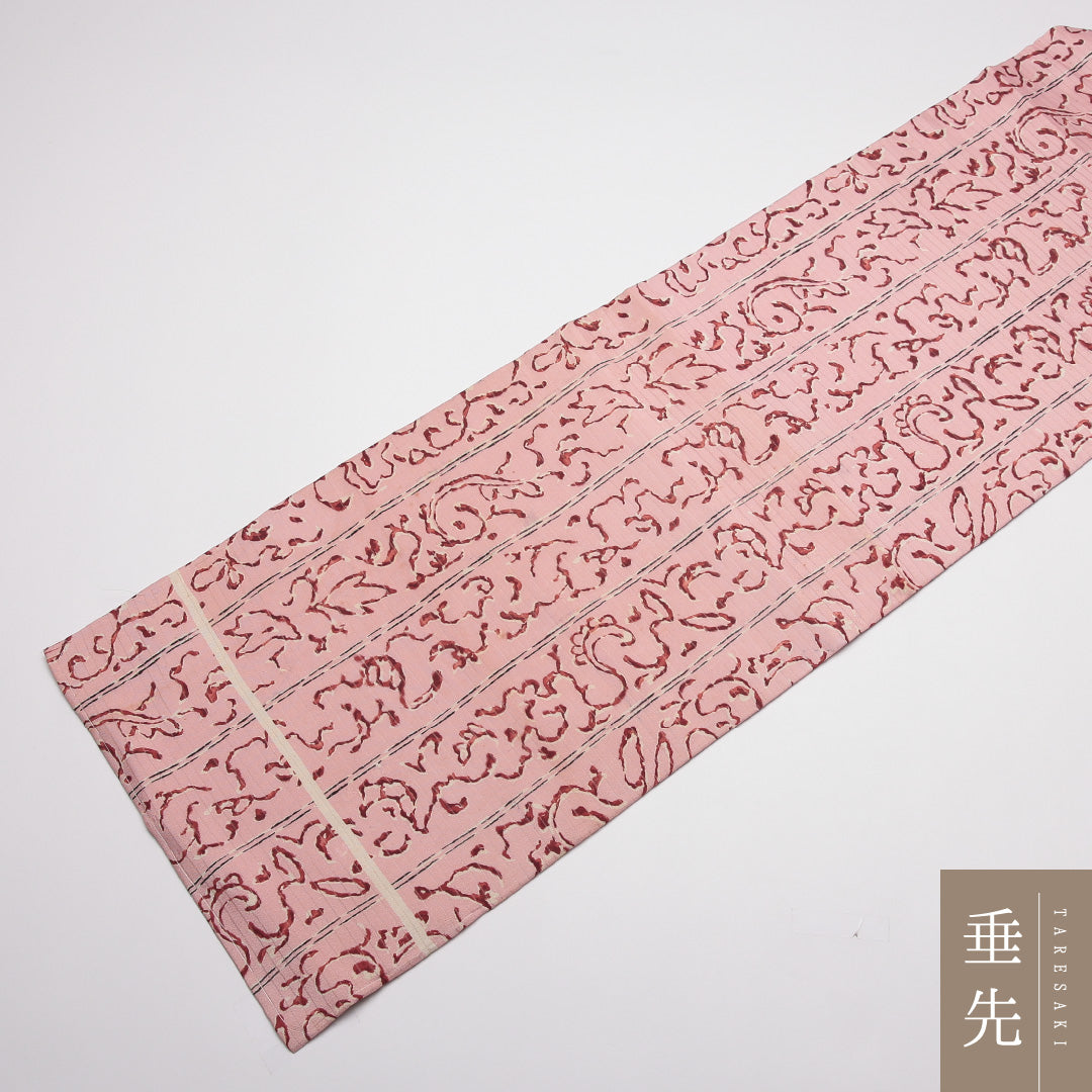 アンティーク 九寸名古屋帯 (夏帯) Bランク 帯丈328cm 正絹 全通 名古屋仕立て 織り 縞 ピンク系 M4 1245-01801