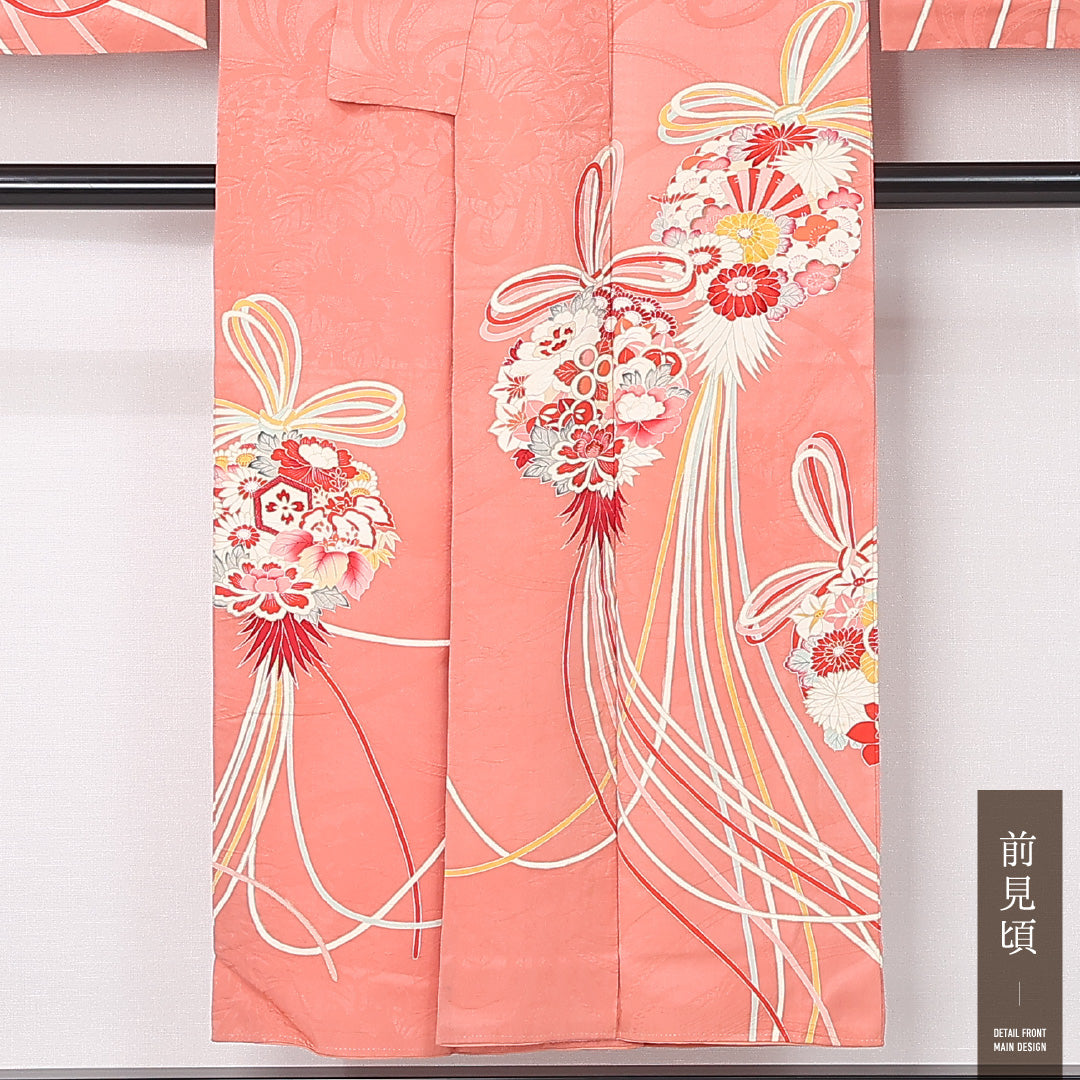 アンティーク 訪問着 (錦紗) 袷 身丈149cm 裄丈63cm 正絹 Aランク 一つ紋 (五三桐) 広衿 XSサイズ 薬玉 ピンク系 RP 1217-12445