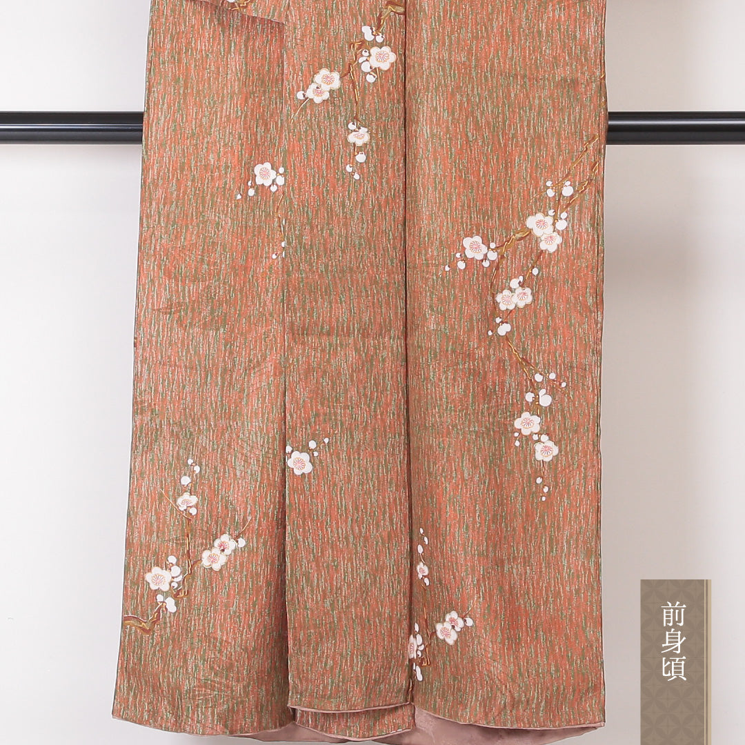 アンティーク 小紋 袷 身丈147cm 裄丈65cm 正絹 Aランク XSサイズ 広衿 梅 朱系 紫系 1215-02093