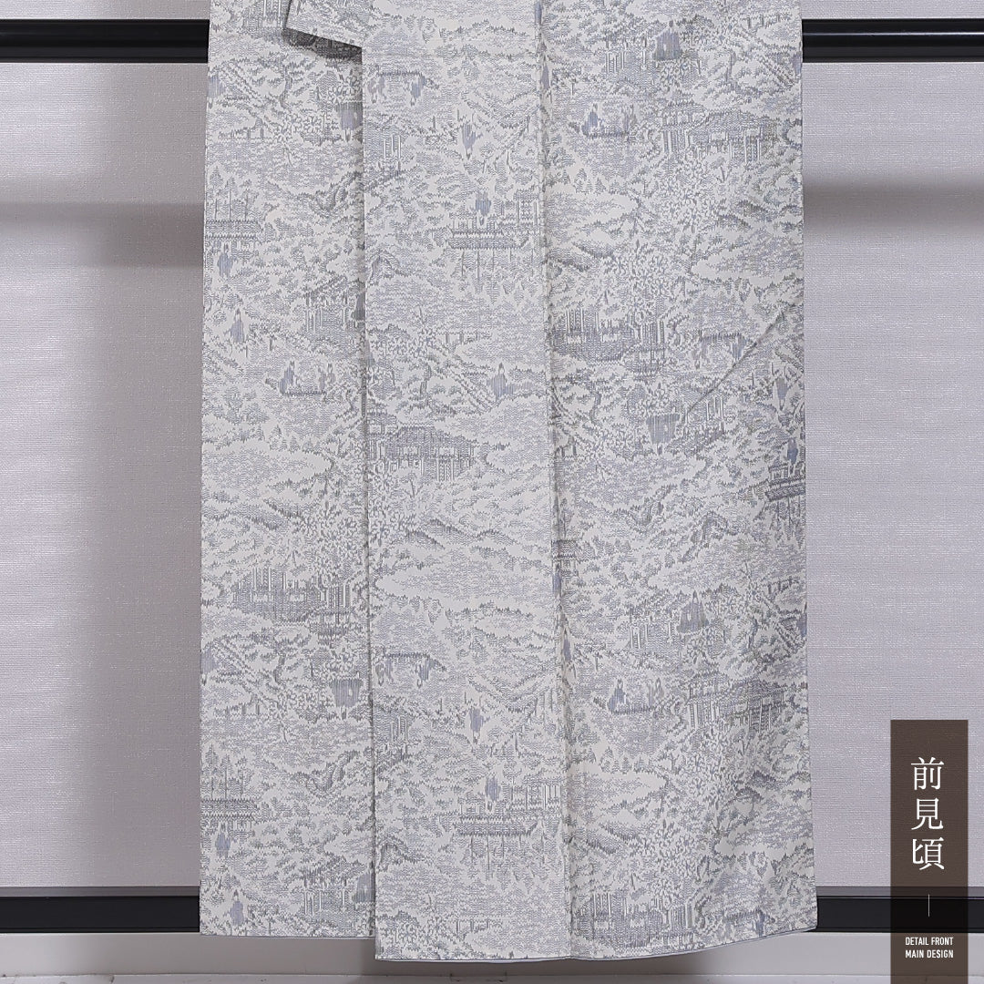紬 袷 身丈153cm 裄丈60cm 正絹 Sランク カジュアル バチ衿 Sサイズ 御所解 グレー系 RP 1223-11830