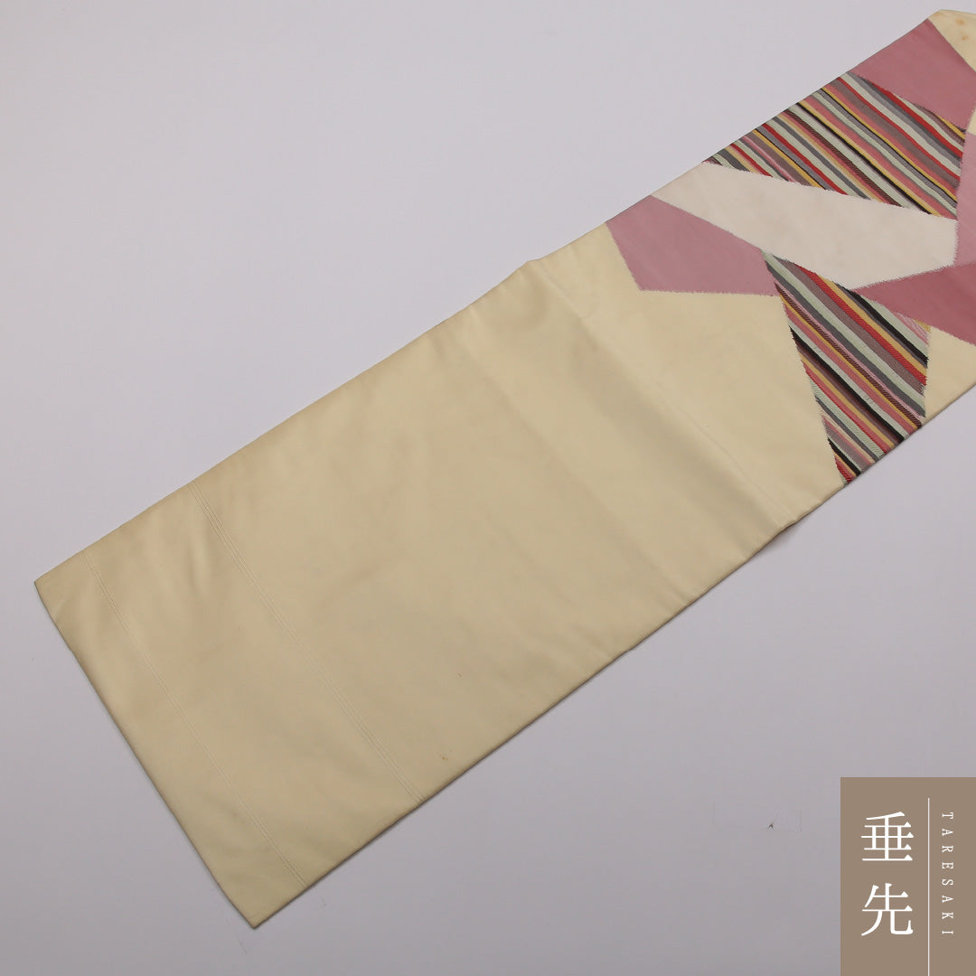 九寸名古屋帯 Bランク 帯丈350cm 正絹 ポイント柄 名古屋仕立て 織り カジュアル 幾何学柄 クリーム系 RP 1245-01808