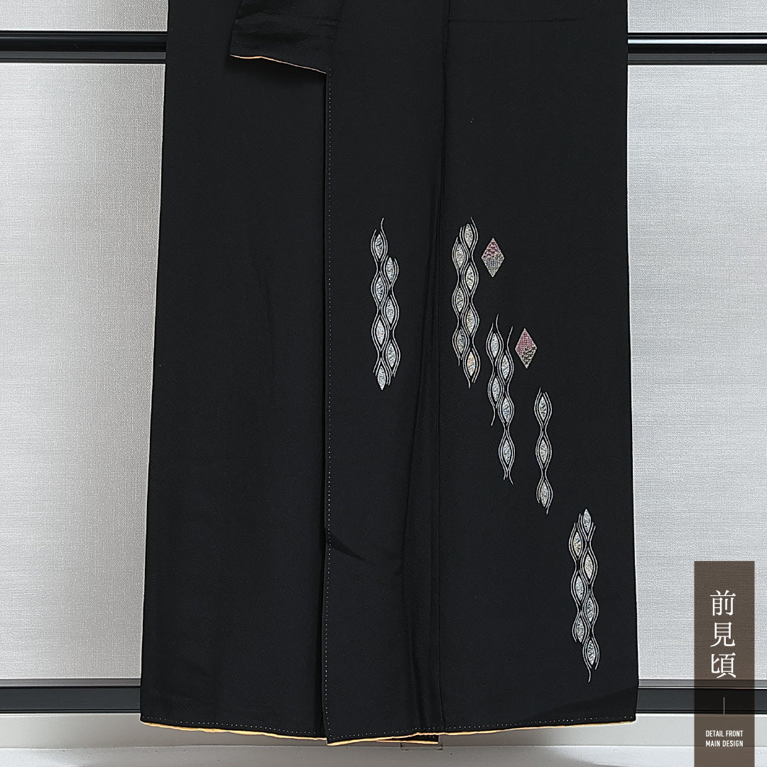 付下げ 袷 身丈153cm 裄丈61cm 正絹 Aランク インフォーマル 広衿 Sサイズ 刺繍 よろけ縞 菱形 黒系 M4 1218-14870