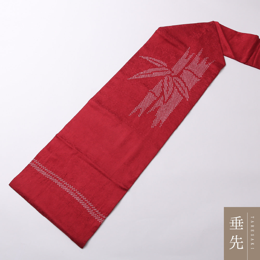 名古屋帯 ポイント柄 帯丈362cm カジュアル Sランク 正絹 絞り 竹 古典的 可愛らしい 赤系 1224-02673