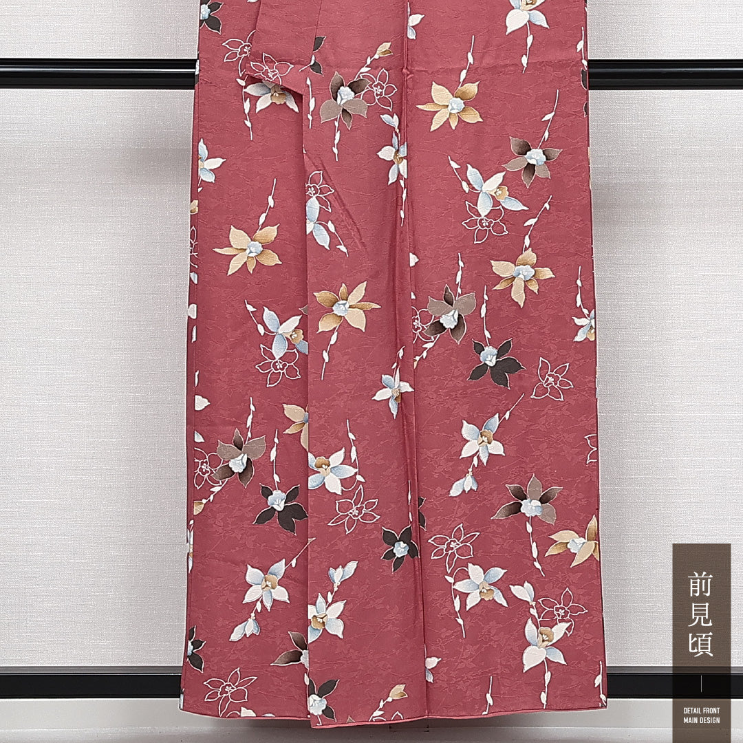 洗える着物 小紋 袷 身丈155cm 裄丈62cm ポリエステル Aランク 紋意匠 (植物柄) インフォーマル バチ衿 Mサイズ 花柄 ピンク系 HP 1221-14140