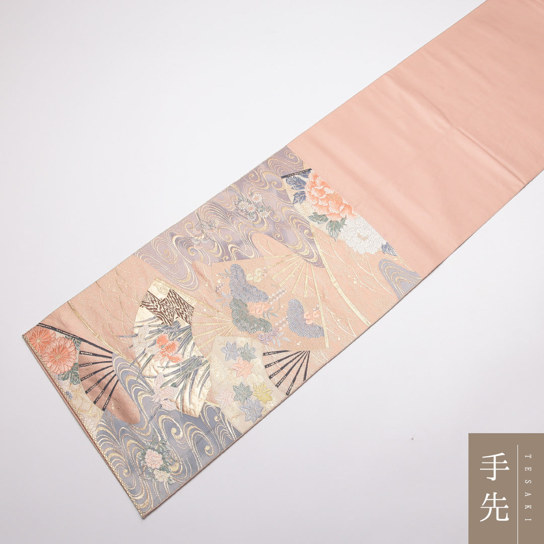 袋帯 帯丈428cm 正絹 六通 末広光琳文 フォーマル 琳派 九百錦 扇流し 光琳波 ピンク系 1243-01373