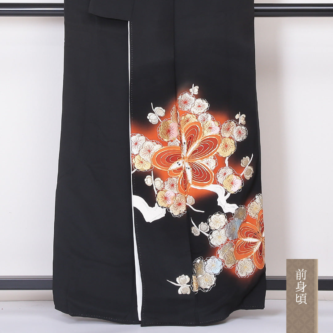 黒留袖 五つ紋 丸に橘 身丈162cm 裄丈64.5cm Aランク 正絹 袷 比翼 バチ衿 L 唐織 金駒刺繍 梅 フォーマル 黒系 1211-F0217
