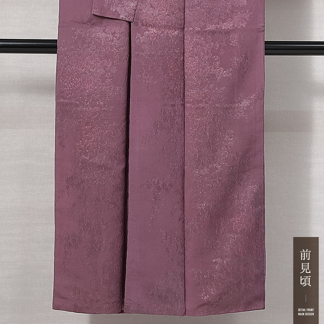 アンティーク 小紋 袷 身丈147cm 裄丈61cm 正絹 Aランク XSサイズ 広衿 ちりめん 織り出し 植物柄 漆糸 紫系 1215-14823