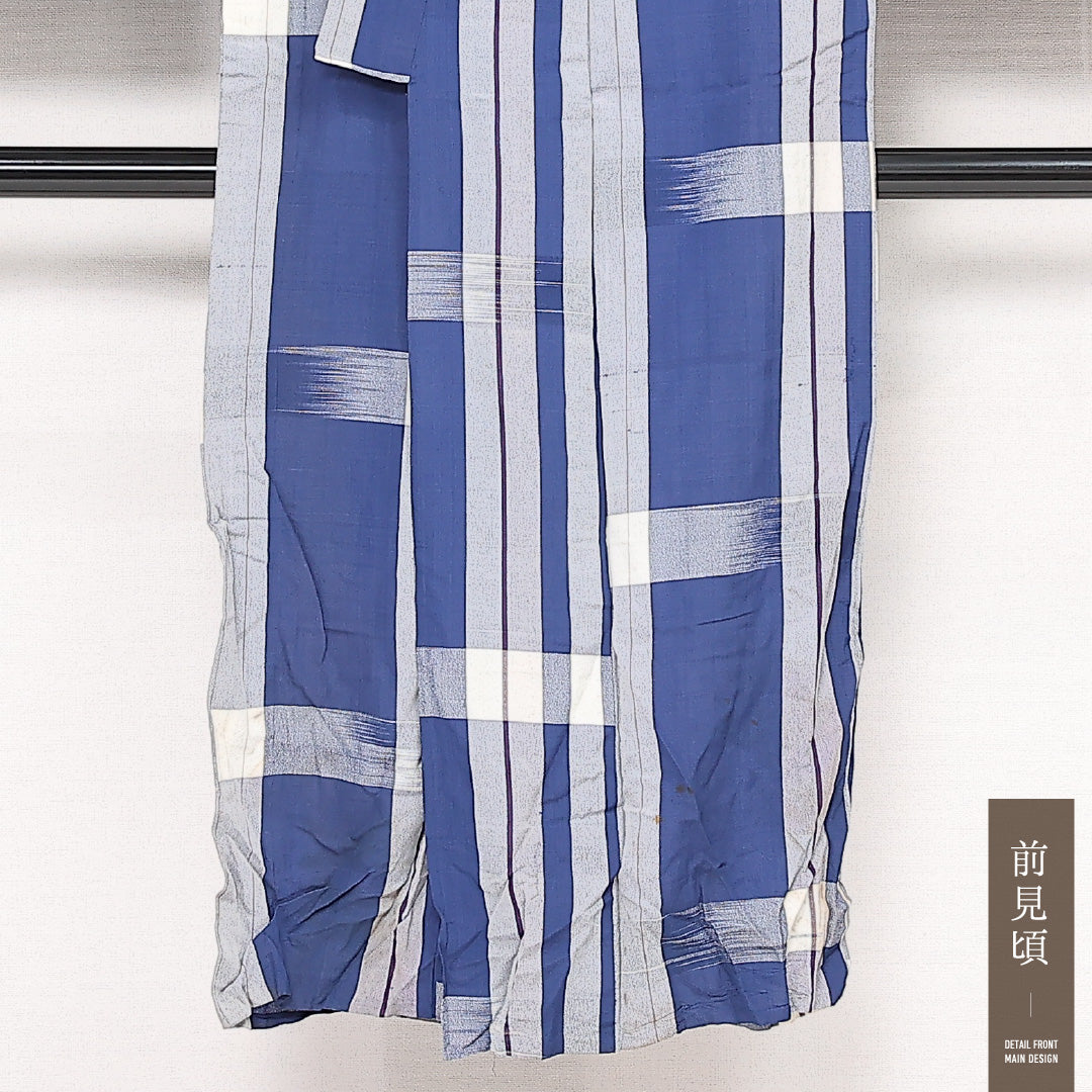 アンティーク 夏物 お召 夏物 身丈141cm 裄丈65cm 正絹 Dランク バチ衿 XSサイズ 創作柄 青系 GP 1222-13358