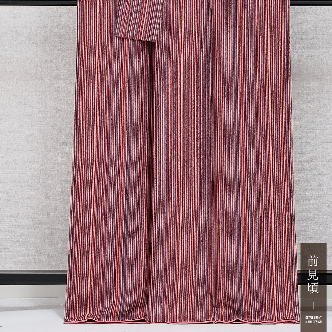 小紋 袷 身丈165cm 裄丈63cm 正絹 Bランク インフォーマル 広衿 XLサイズ 縞 ピンク系 HP 1221-14341