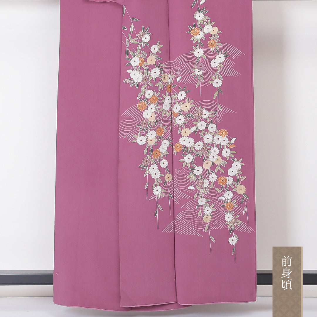 付下げ 袷 150 ~ 159cm 身丈155~159cm 正絹 一つ紋 菊 木瓜 ピンク系 Bランク 1212-00525