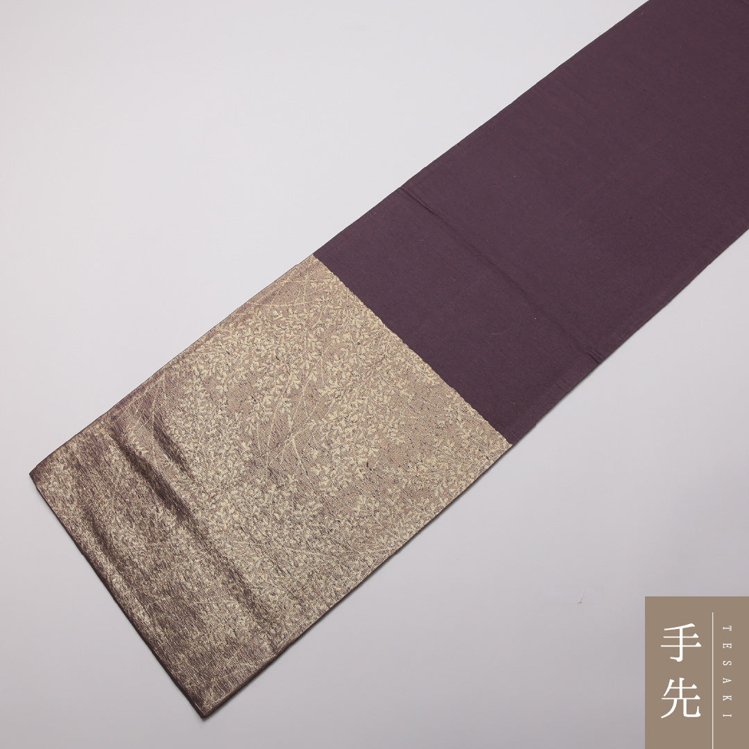 袋帯 帯丈406cm 六通 紬 草花 箔 セミフォーマル 紫系 正絹 Aランク 1223-01352