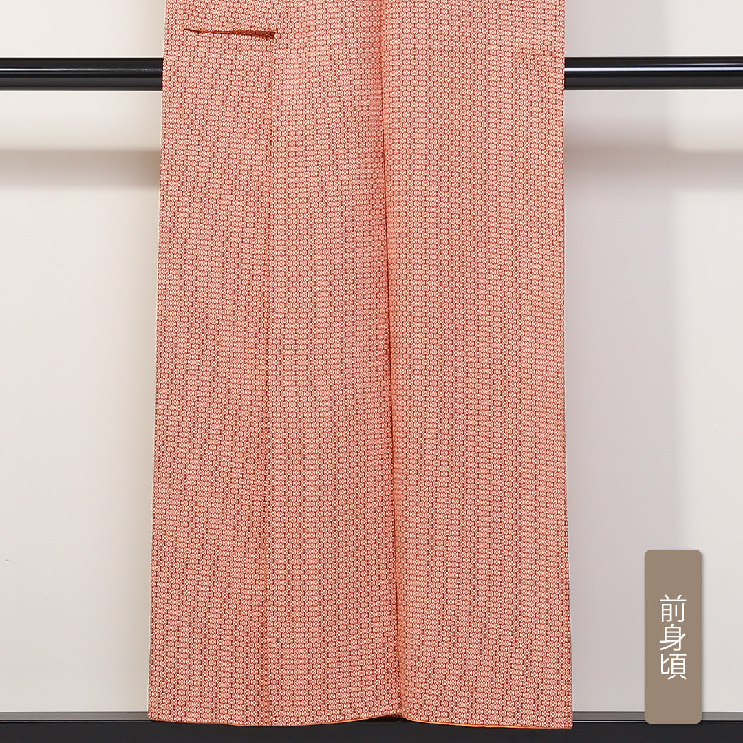 小紋 袷 身丈151cm 裄丈62cm 正絹 Sランク インフォーマル 広衿 Sサイズ 立涌 花柄 朱系 RP 1221-01717