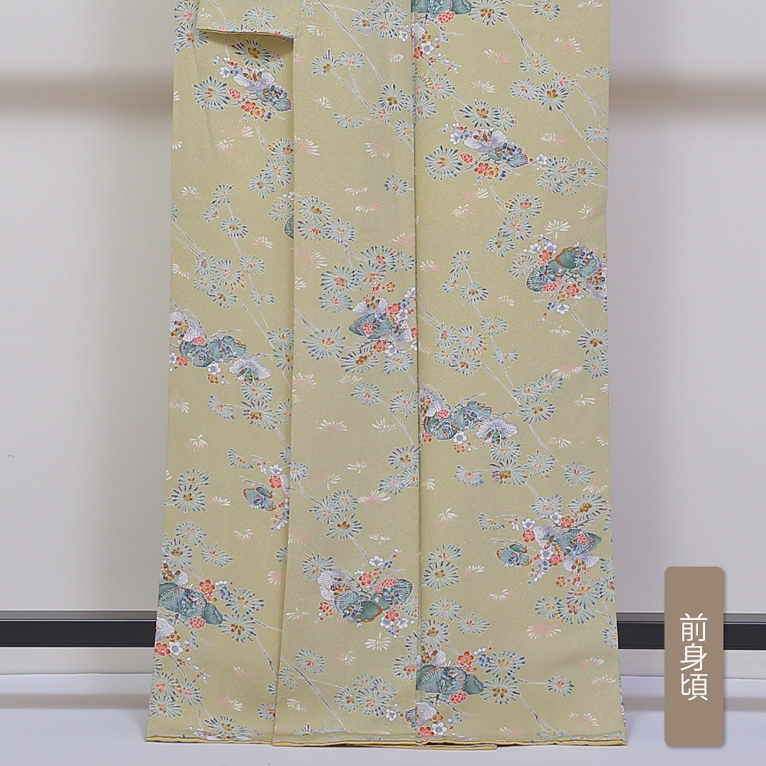 小紋 袷 身丈166cm 裄丈66cm 正絹 Aランク XLサイズ 広衿 インフォーマル ちりめん 梅 松 緑系 茶系 1215-01805