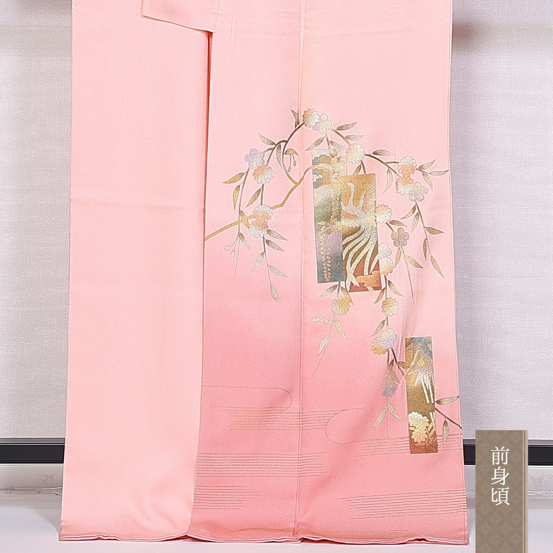 訪問着 袷 身丈170cm 裄丈67cm 正絹 Sランク セミフォーマル 広衿 2XLサイズ ぼかし染 金箔 尾長鳥 梅 ピンク系 RP 1217-10423