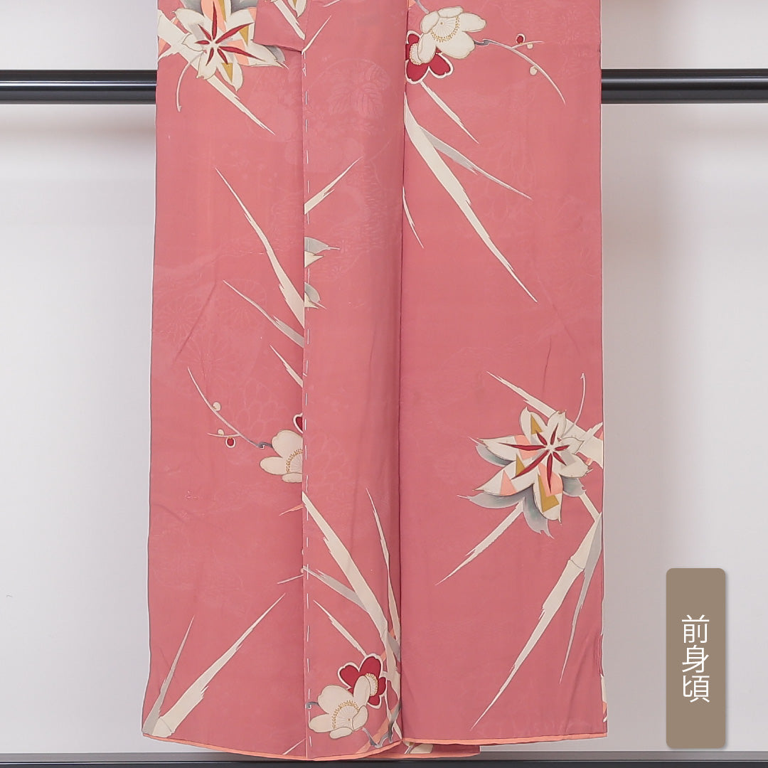 アンティーク 小紋 袷 身丈150cm 裄丈61cm 正絹 Bランク バチ衿 Sサイズ 花柄 ピンク系 RP 1221-01824