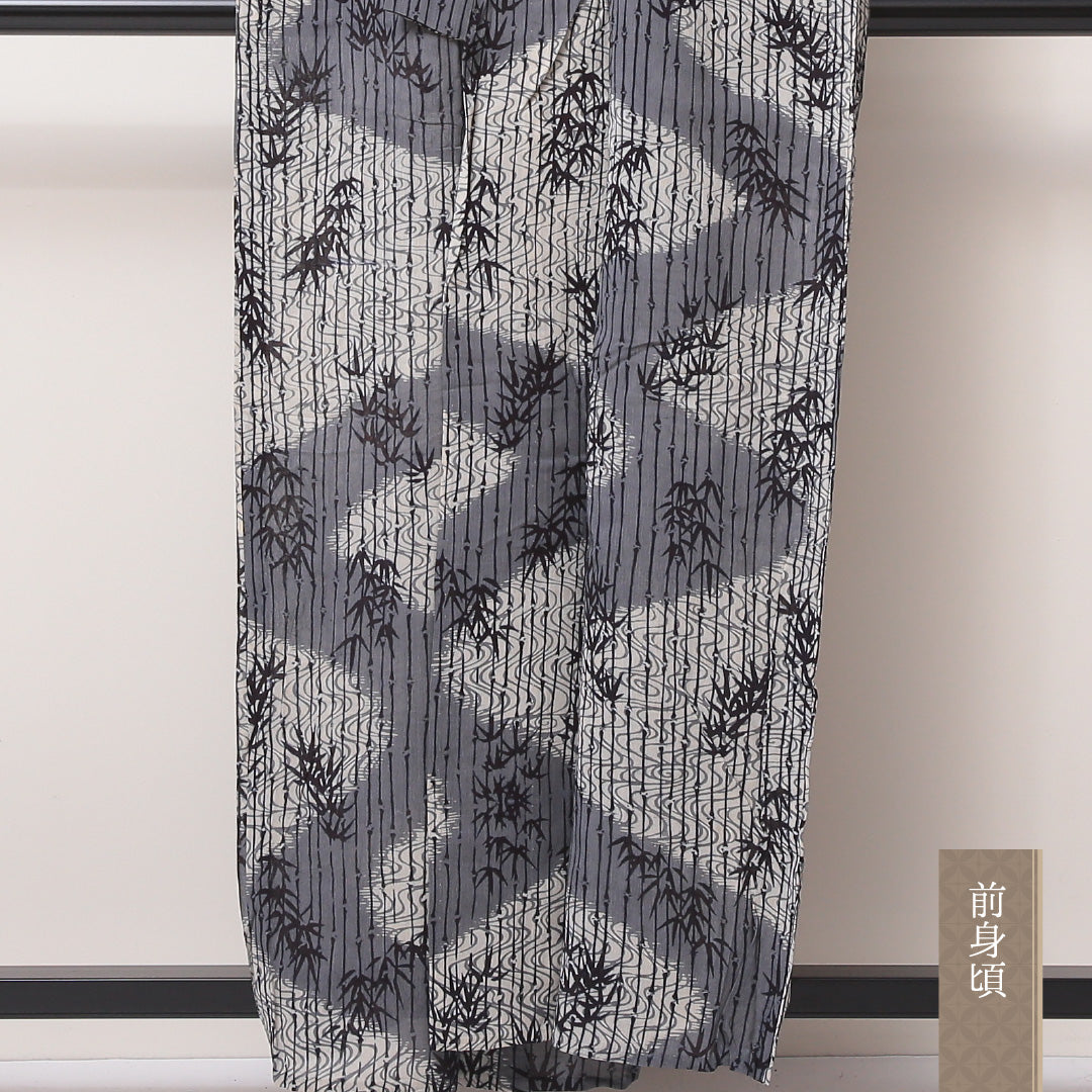 小紋 夏物 洗える着物 夏物 身丈158cm 裄丈60cm 麻 Aランク Mサイズ バチ衿 インフォーマル 居敷当て 肩当て よろけ縞 笹 グレー系 1215-02177