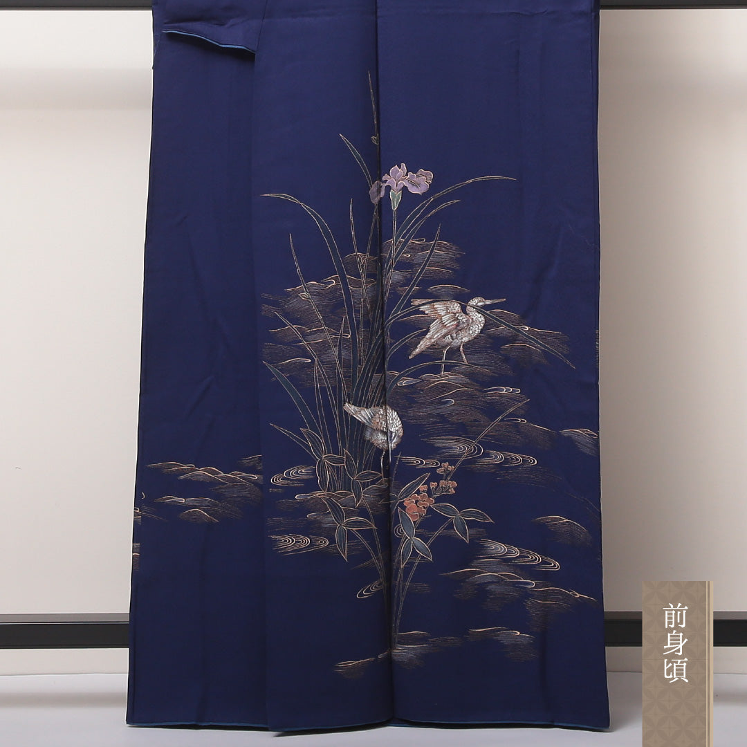 訪問着 袷 身丈160~164cm 裄69cm 正絹 鴛鴦や菖蒲 金彩 青系 Bランク 1212-00594