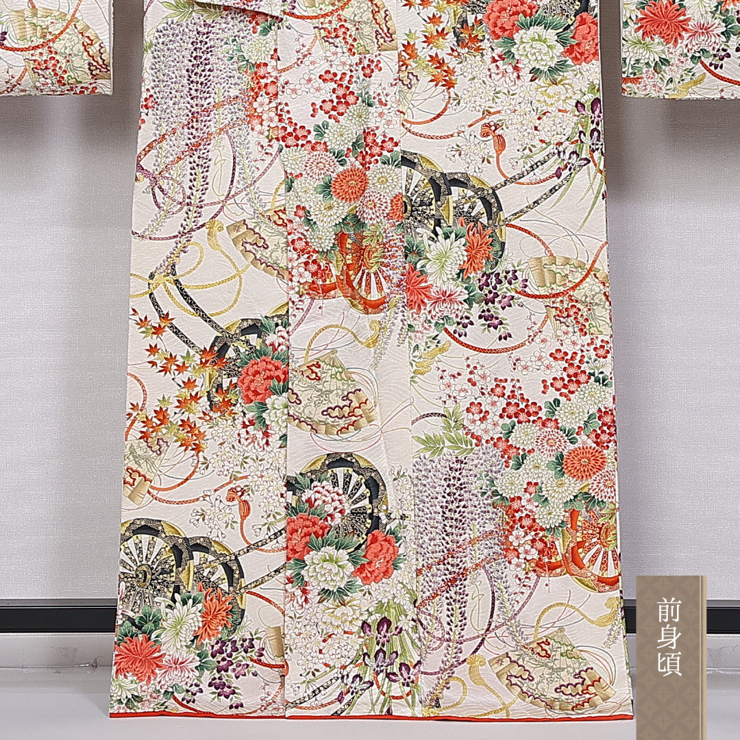 振袖 身丈164cm 裄丈64.5cm 袷 正絹 Sランク 広衿 花車 組紐 扇子 藤 紅葉 菊 1213-F0360