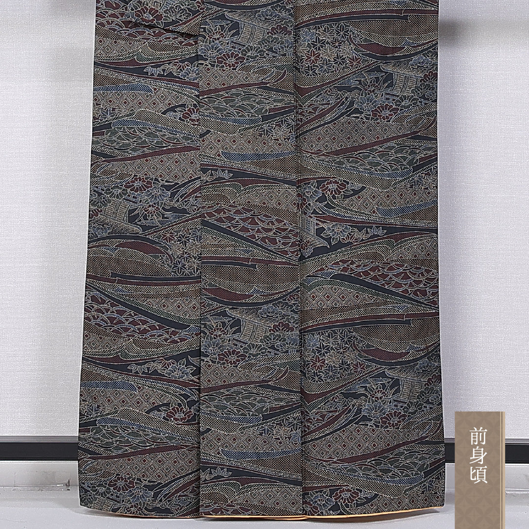 大島紬 袷 身丈160cm 裄丈64cm 正絹 Bランク インフォーマル 広衿 Lサイズ 染め紬 御所解 芝草 紅葉 茶系 GP 1223-10879