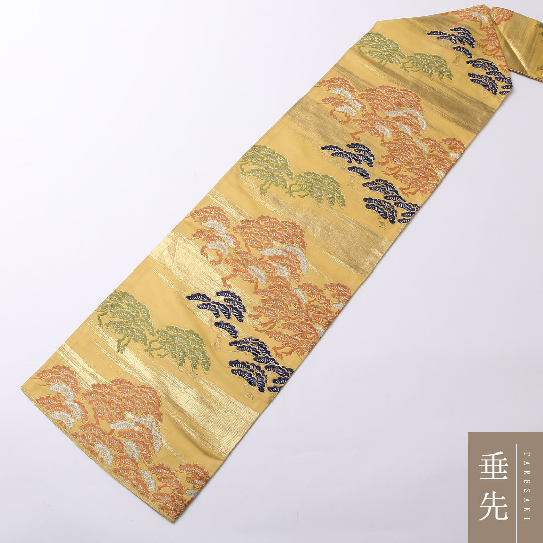 アンティーク 九寸名古屋帯 Aランク 帯丈337cm 正絹 六通 名古屋仕立て 帯芯なし 織り 松 黄系 RP 1245-02556