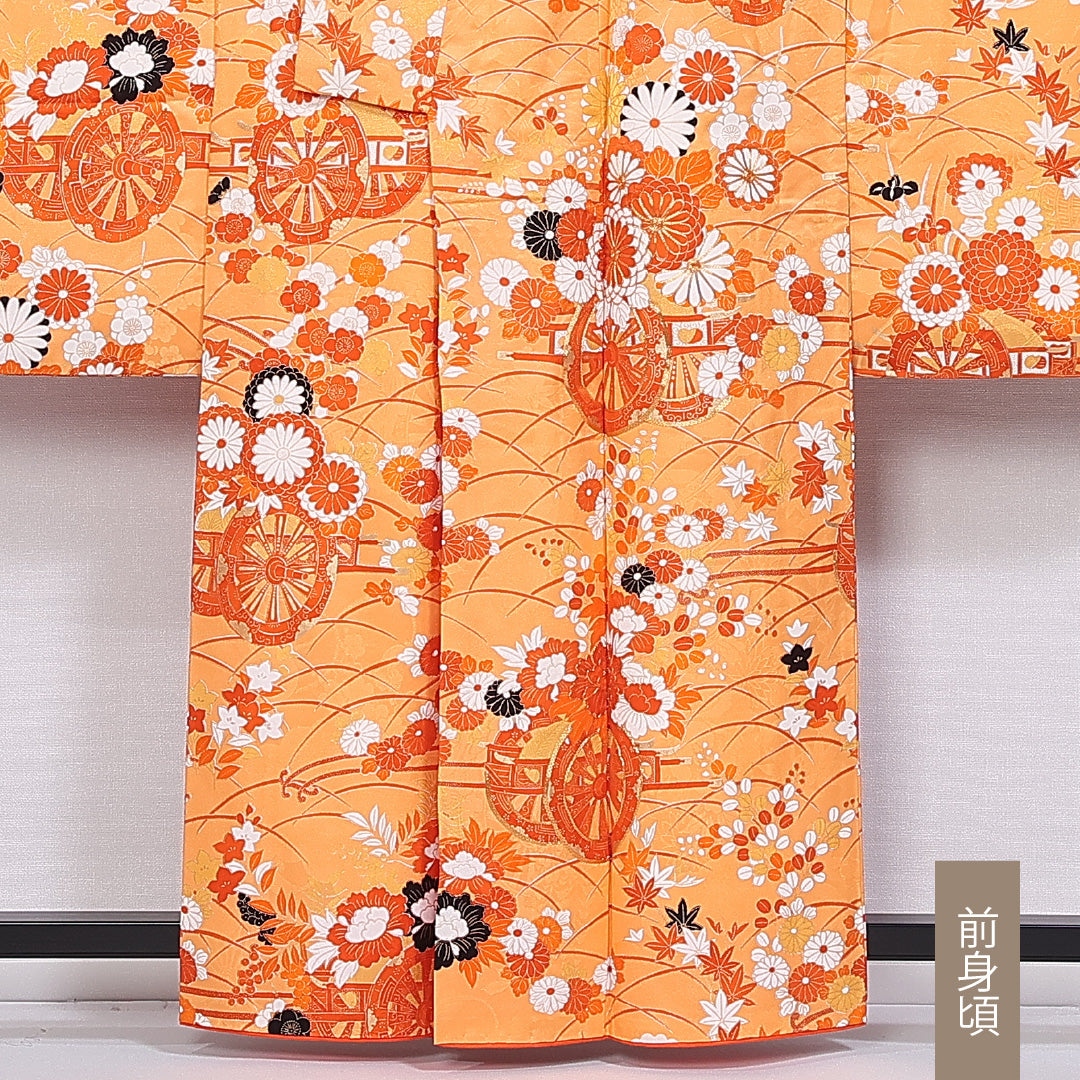 振袖 身丈160cm 裄丈64cm 袷 正絹 Sランク 広衿 花車 牡丹 紅葉 菊 芝草 金駒刺繍 1213-F0393