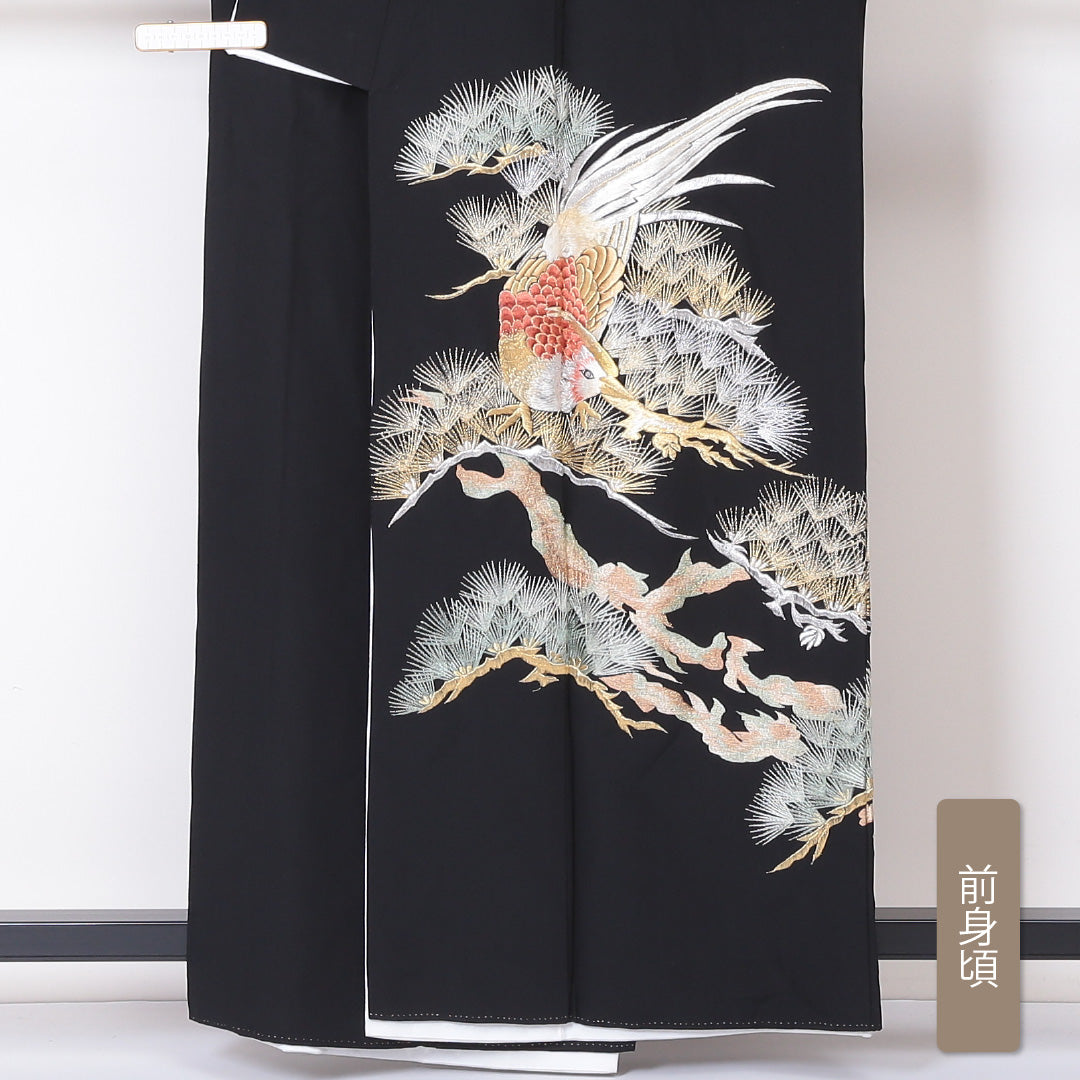 黒留袖 身丈158cm 裄丈63cm 袷 五つ紋 正絹 Aランク 広衿 比翼仕立て 橘菱 松 鴛鴦 1211-F0206