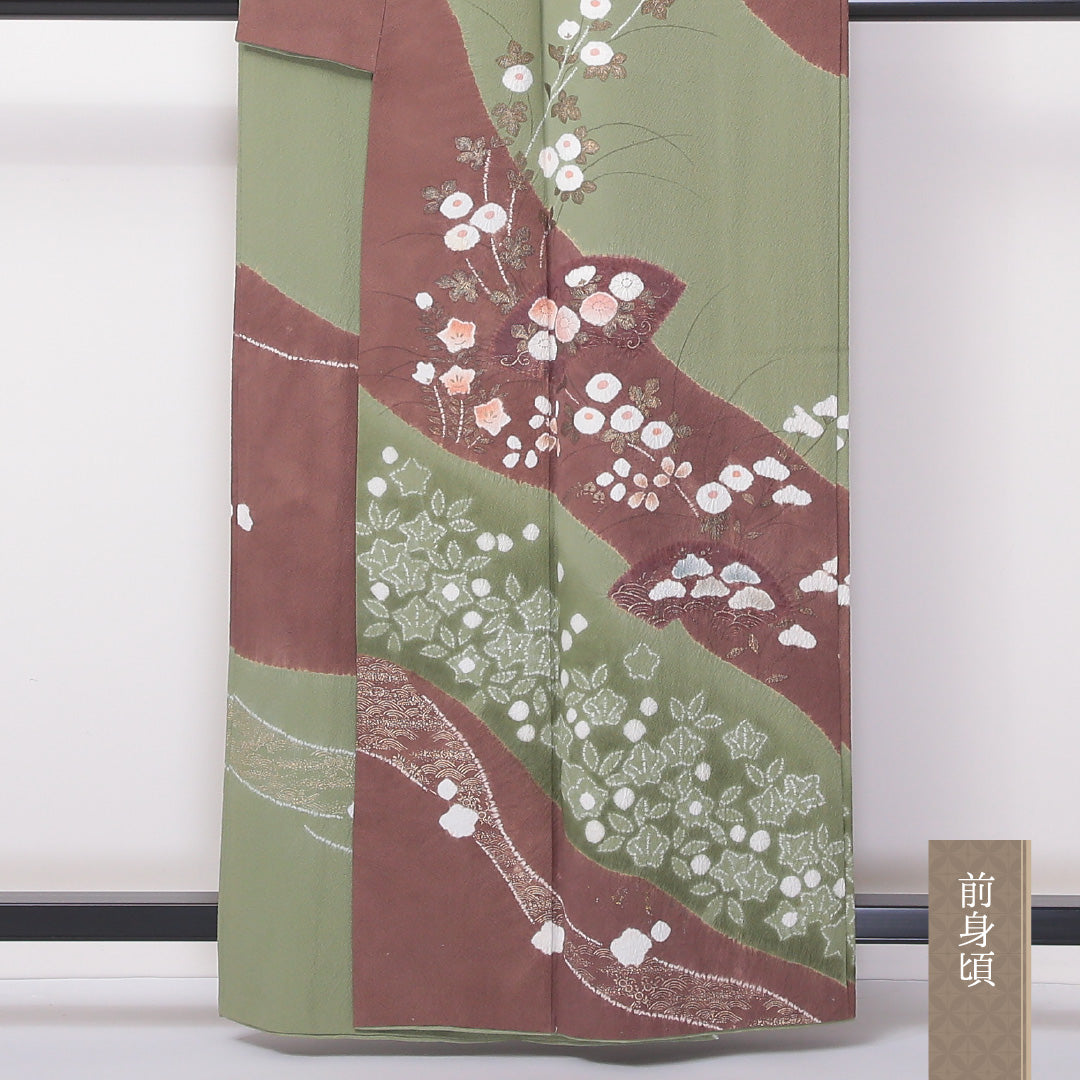 訪問着 袷 身丈161cm 裄丈68cm 正絹 Aランク セミフォーマル 広衿 Lサイズ 十日町 滝泰 琳派 絞り 金彩 作家物 落款 花柄 緑系 RP 1217-04602
