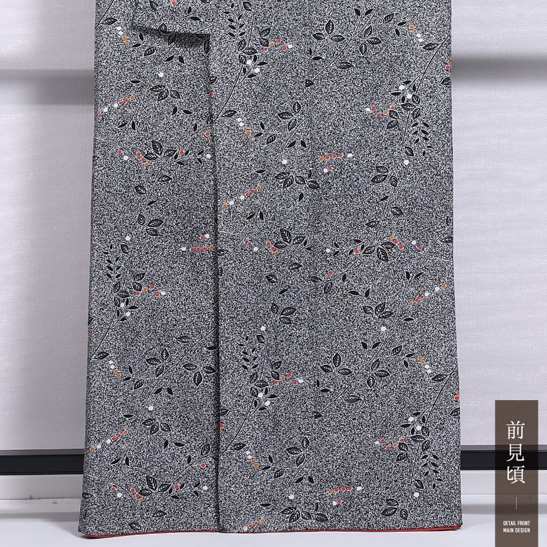 洗える着物 小紋 袷 身丈162cm 裄丈66cm ポリエステル Aランク インフォーマル 広衿 Lサイズ たたき染め 植物柄 黒系 RP 1221-11652