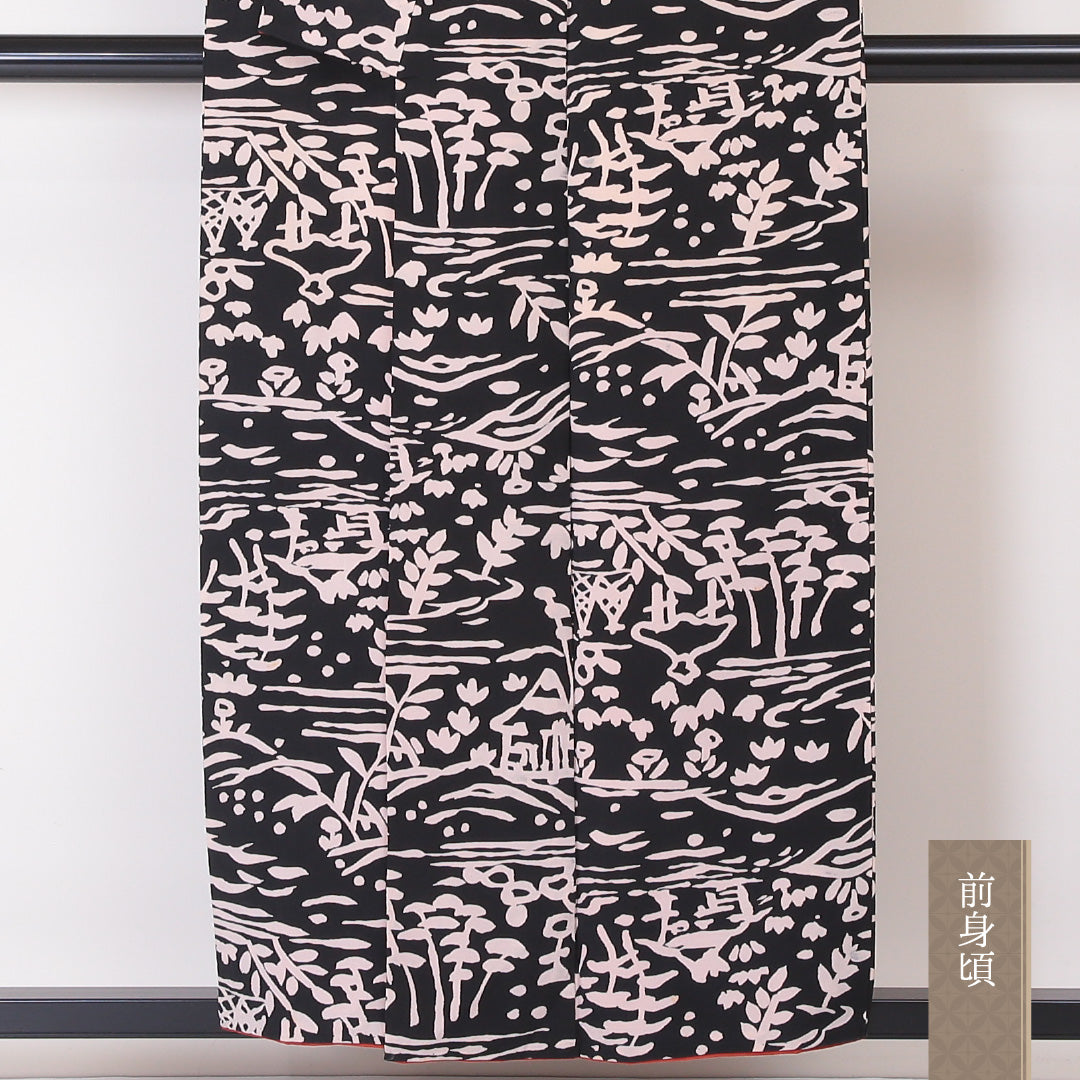 小紋 袷 身丈153cm 裄丈31cm 正絹 Cランク インフォーマル 広衿 Sサイズ 茶屋辻 黒系 LP 1221-02091
