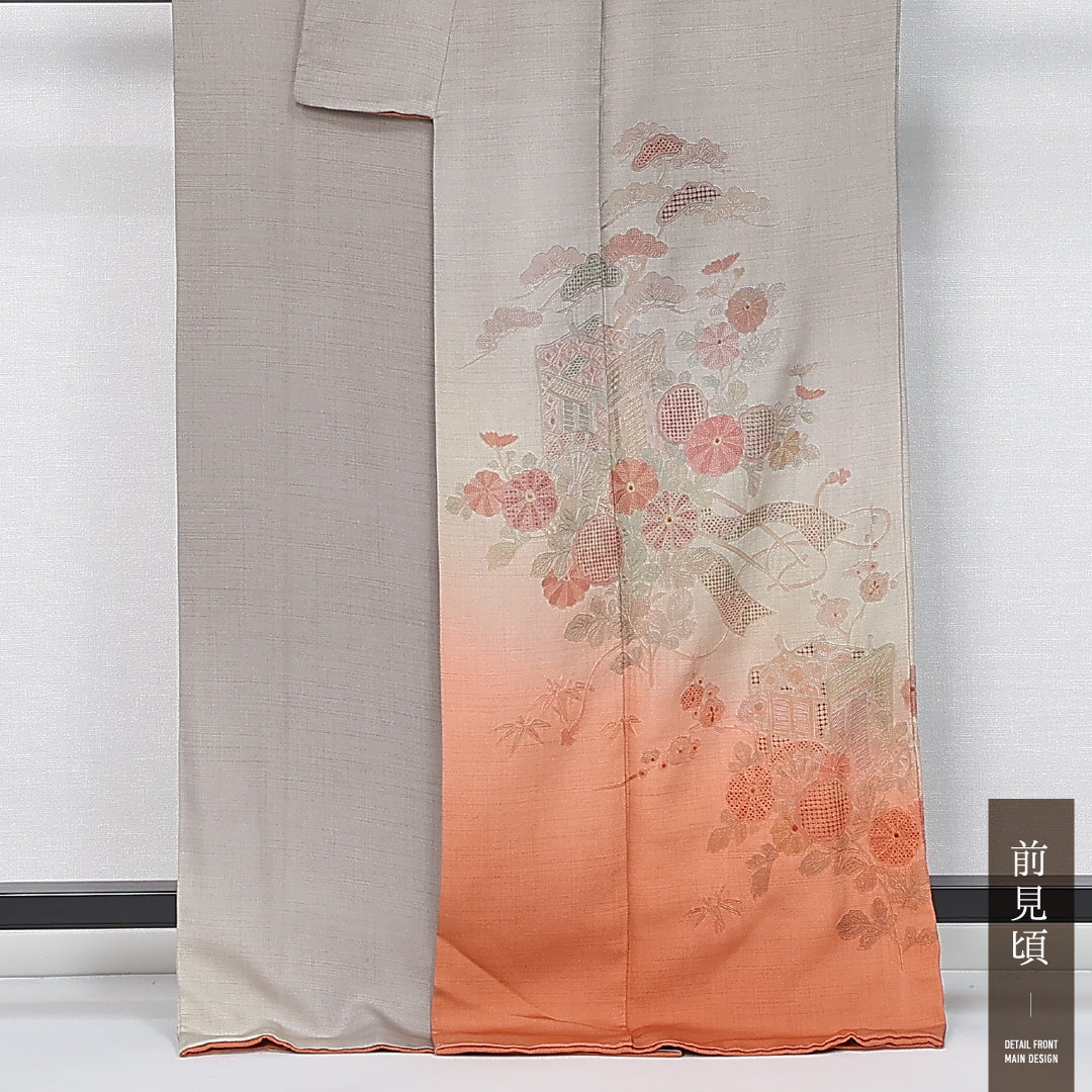 訪問着 身丈165cm 裄丈68cm Bランク XL 正絹 袷 広衿 蘇州刺繍 相良刺繍 汕頭刺繍 御所車 ぼかし 菊 松 セミフォーマル グレー系 1212-12035