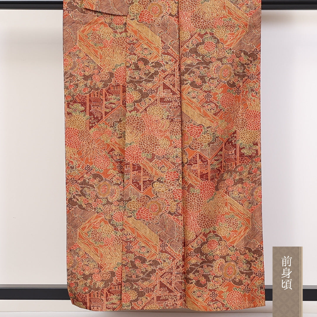 小紋 洗える着物 単衣 身丈155cm 裄丈62cm ポリエステル Sランク Mサイズ 広衿 インフォーマル 御所解 朱系 1215-02289